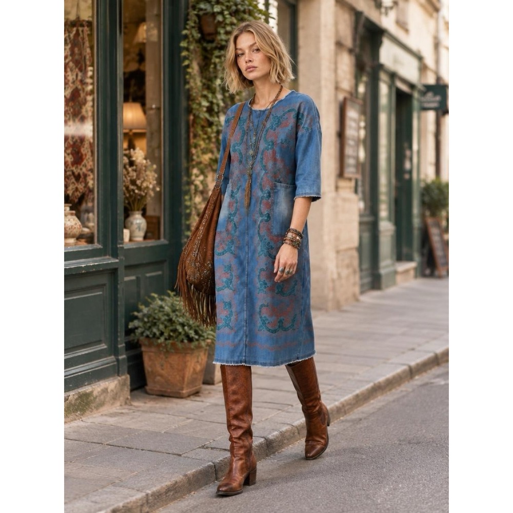 Monthorigin Denim Art Wear dress Print allover Cotton Pockets Sz M